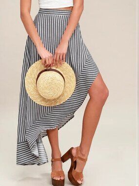 Lulus King Harbor Striped Boho Maxi Skirt L Asymmetrical Ruffle High Low Coastal